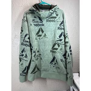 Reebok Hoodie Logo All Over Print Pullover Long Sleeve Sweatshirt Green Mens‎ XL